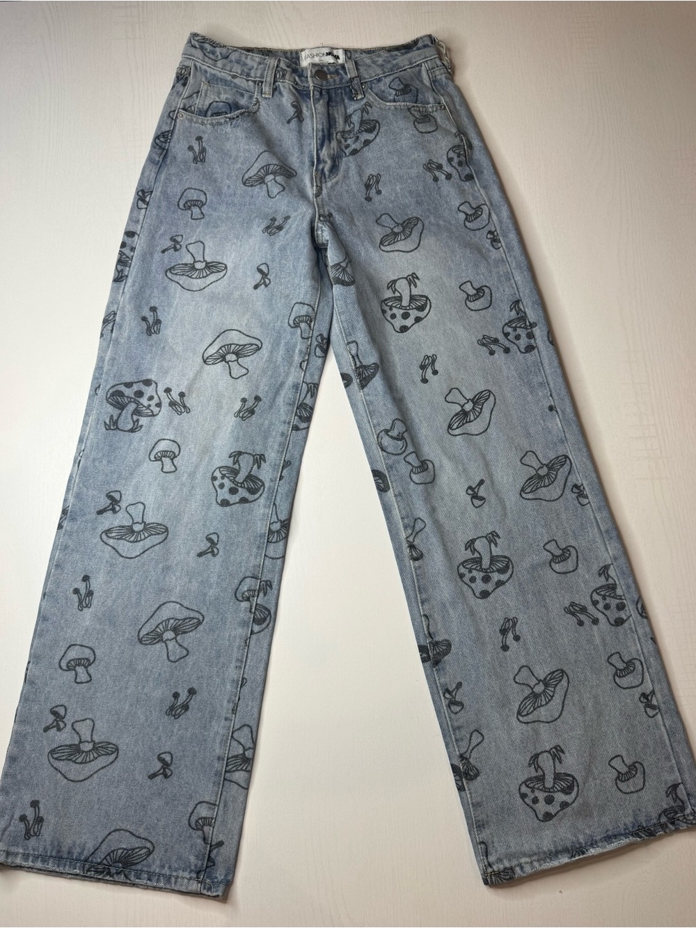 Fashion Nova Light Blue Denim Wide Leg Jeans with Black Mushroom Print